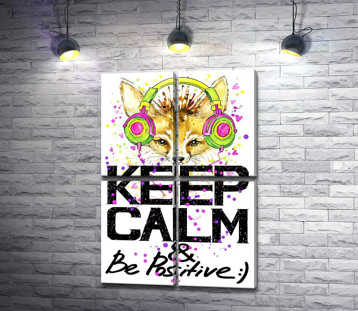 модульна картина Лисиця фенек в яскравих навушниках над написом "keep calm and be positive" (Модуль №25)