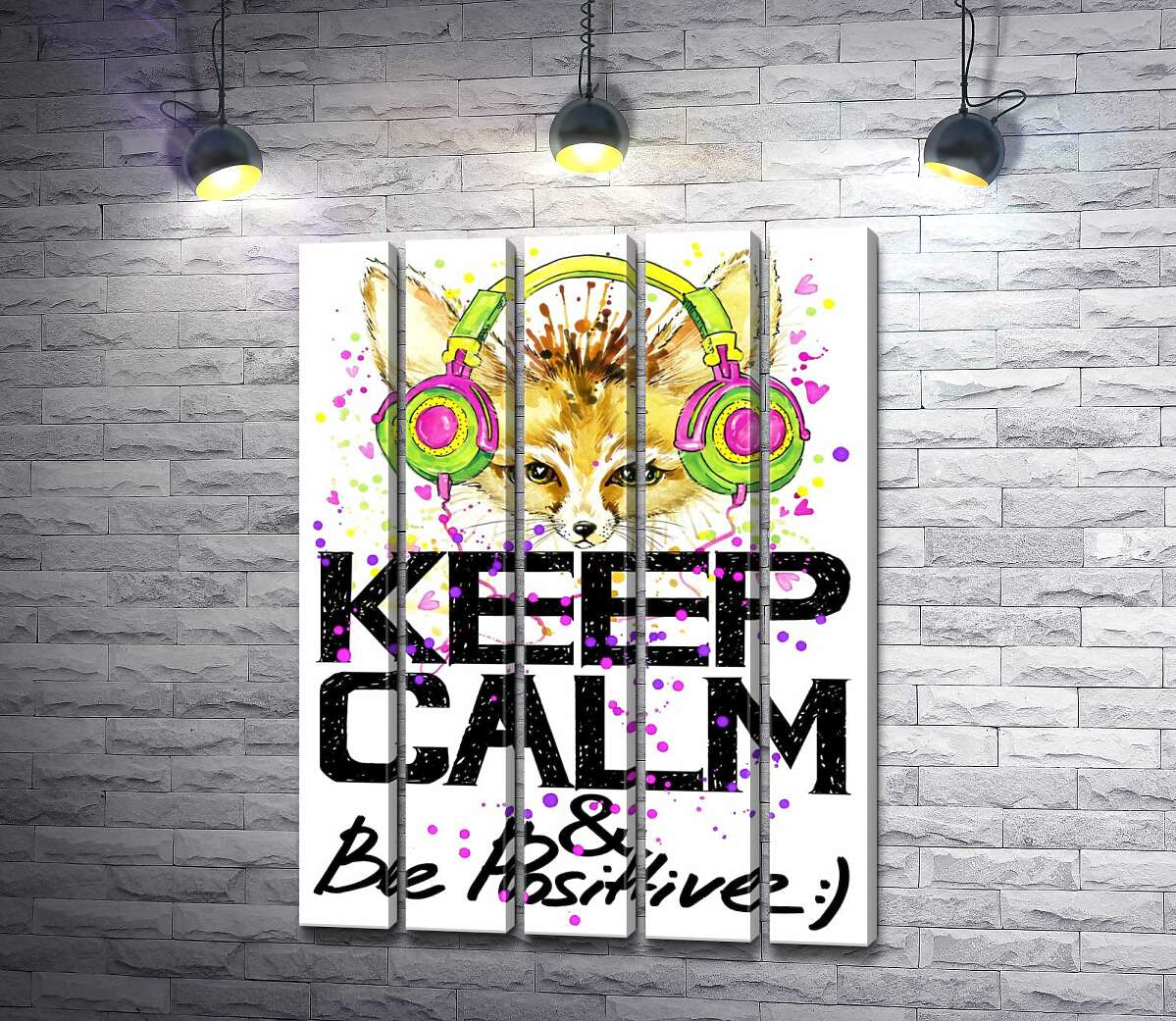 модульная картина Лиса фенек в ярких наушниках над надписью "keep calm and be positive" (Модуль №26)