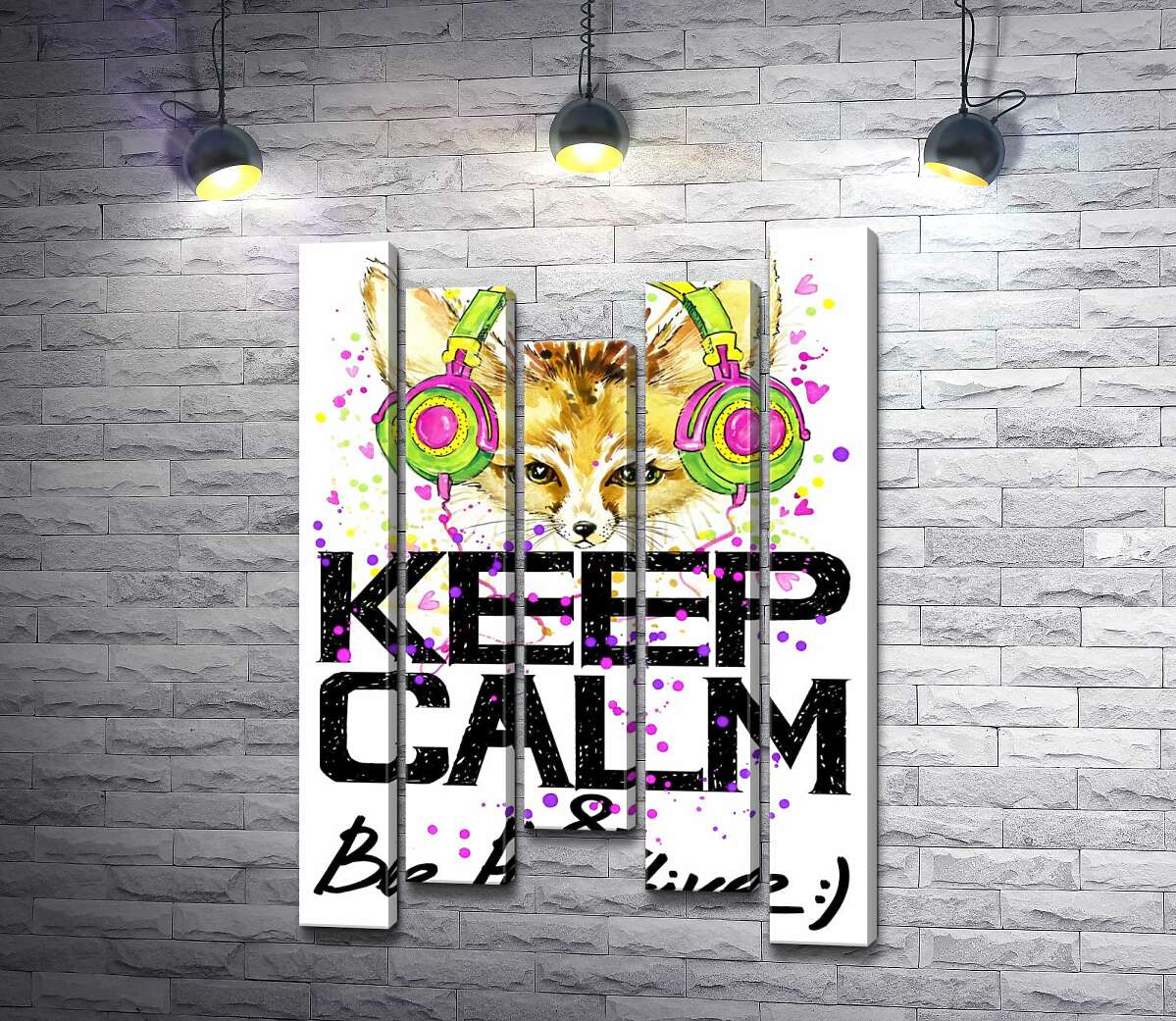 модульна картина Лисиця фенек в яскравих навушниках над написом "keep calm and be positive" (Модуль №27)