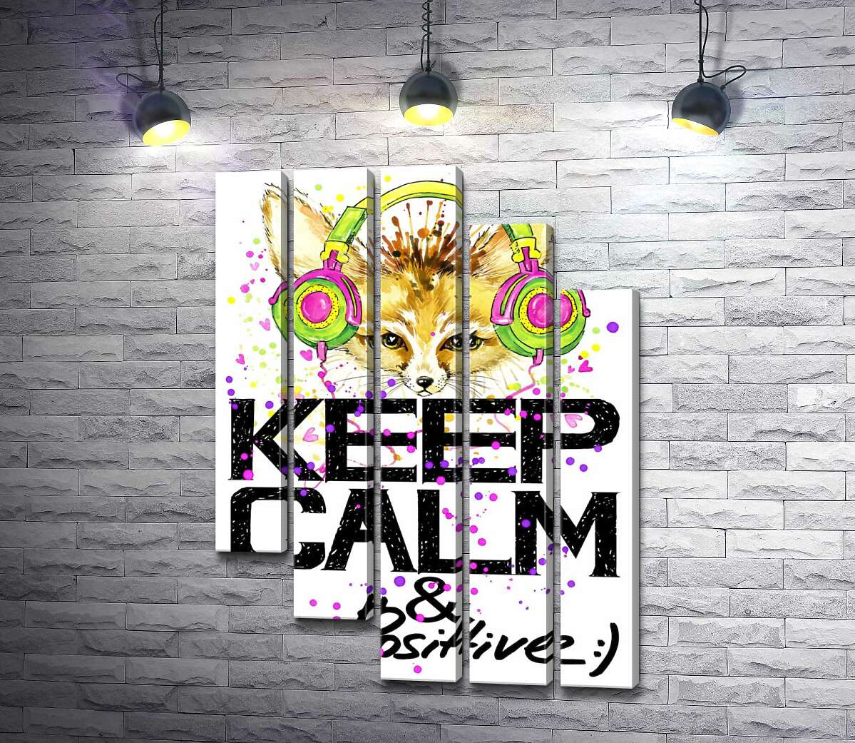 модульная картина Лиса фенек в ярких наушниках над надписью "keep calm and be positive" (Модуль №28)