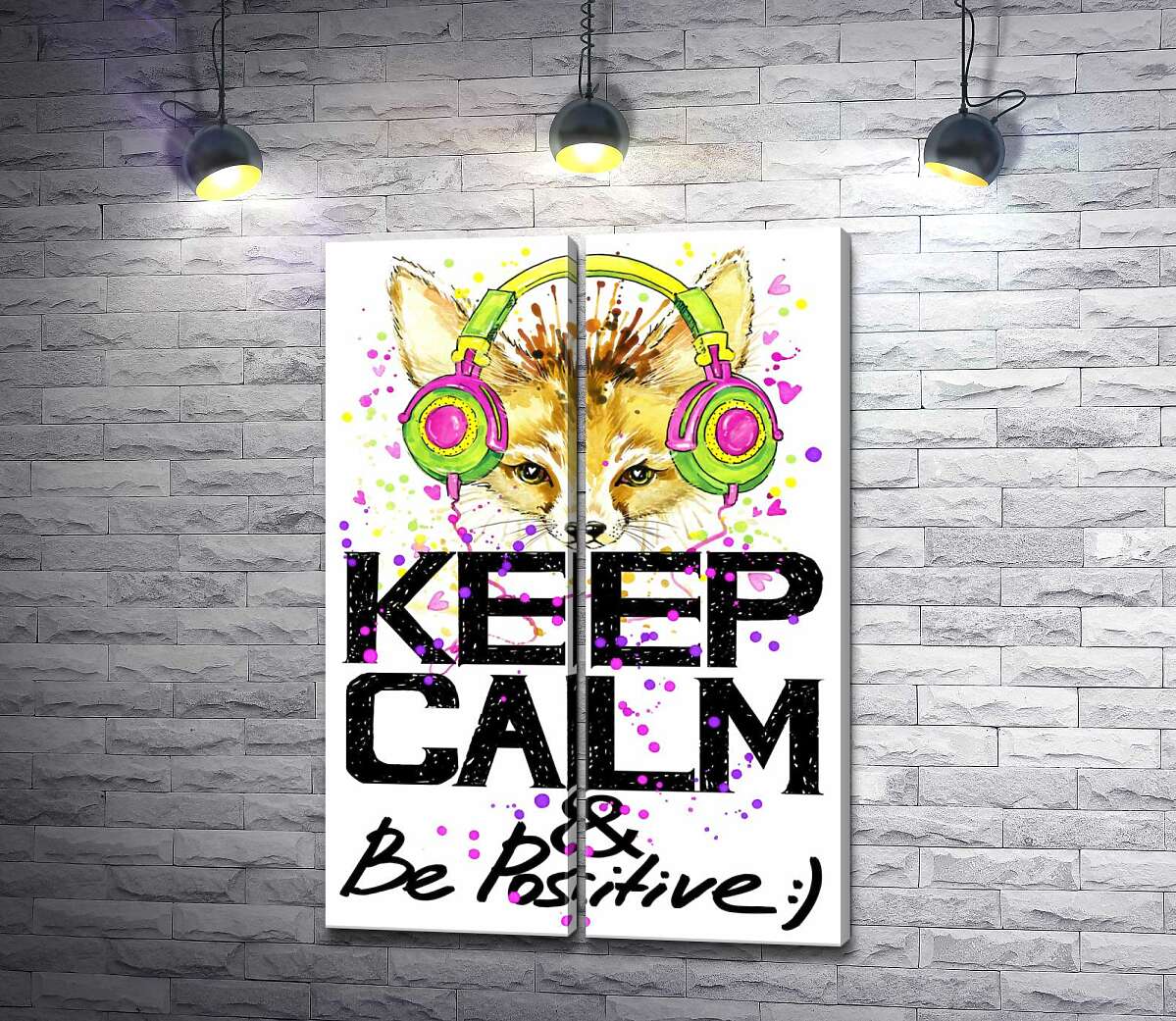 модульная картина Лиса фенек в ярких наушниках над надписью "keep calm and be positive"