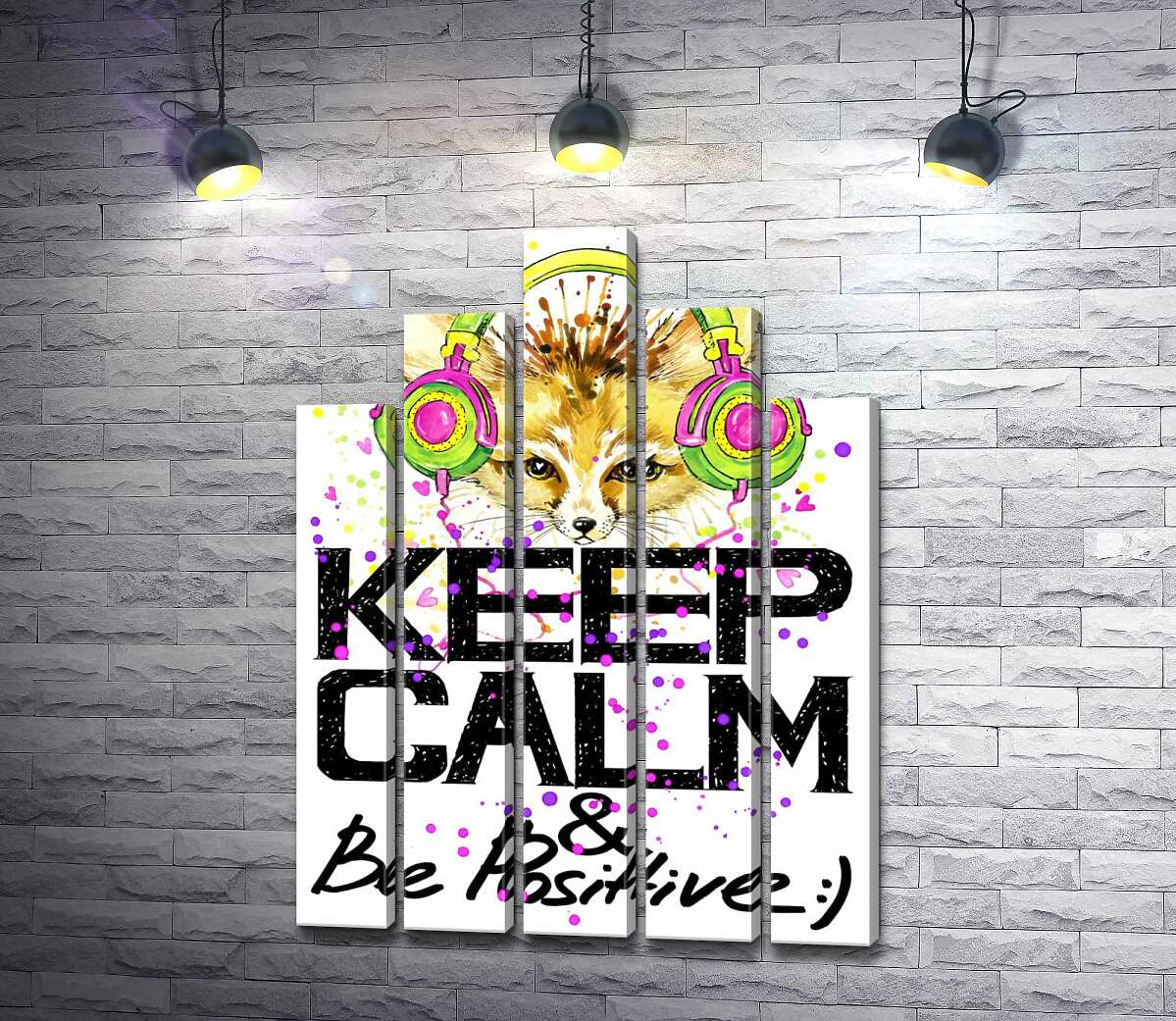 модульна картина Лисиця фенек в яскравих навушниках над написом "keep calm and be positive" (Модуль №29)