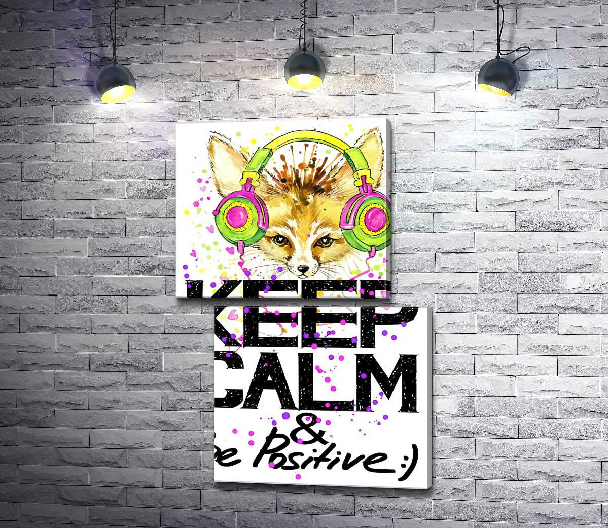 модульная картина Лиса фенек в ярких наушниках над надписью "keep calm and be positive" (Модуль №8)