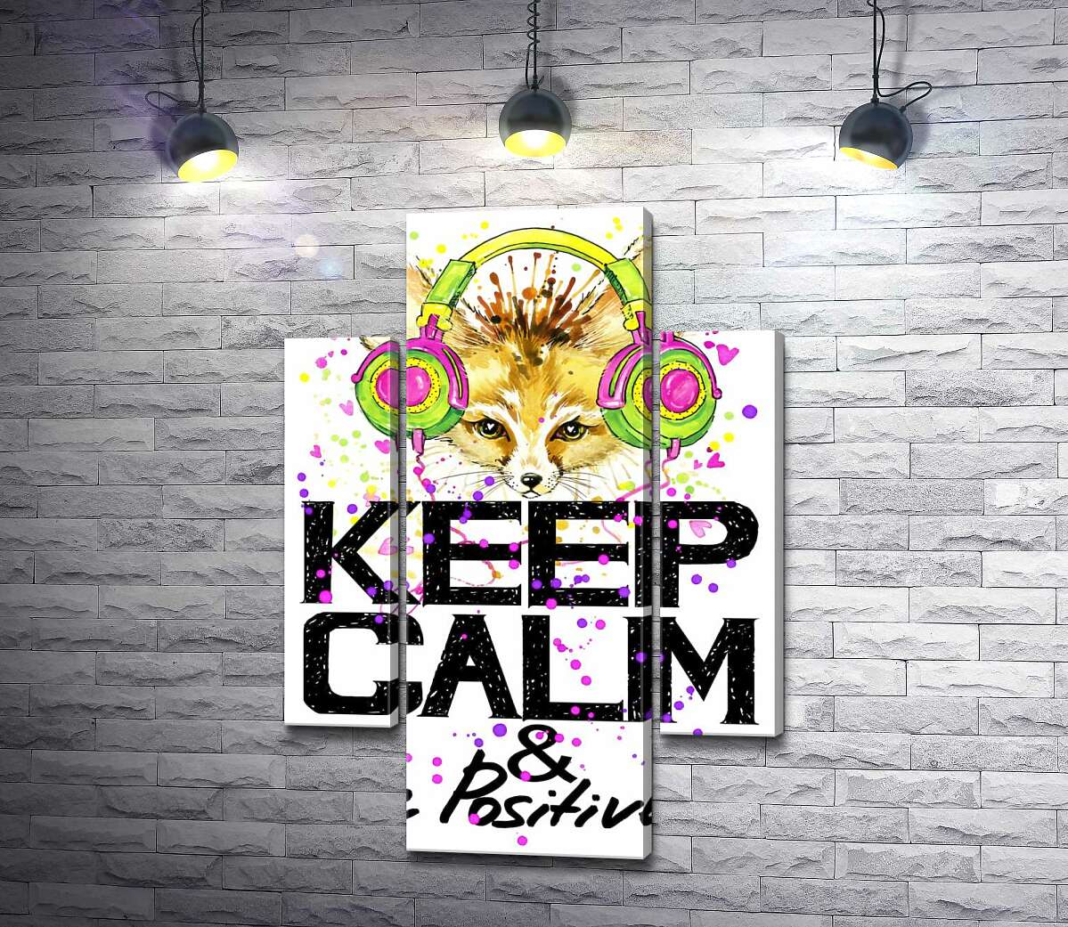 модульна картина Лисиця фенек в яскравих навушниках над написом "keep calm and be positive" (Модуль №5)