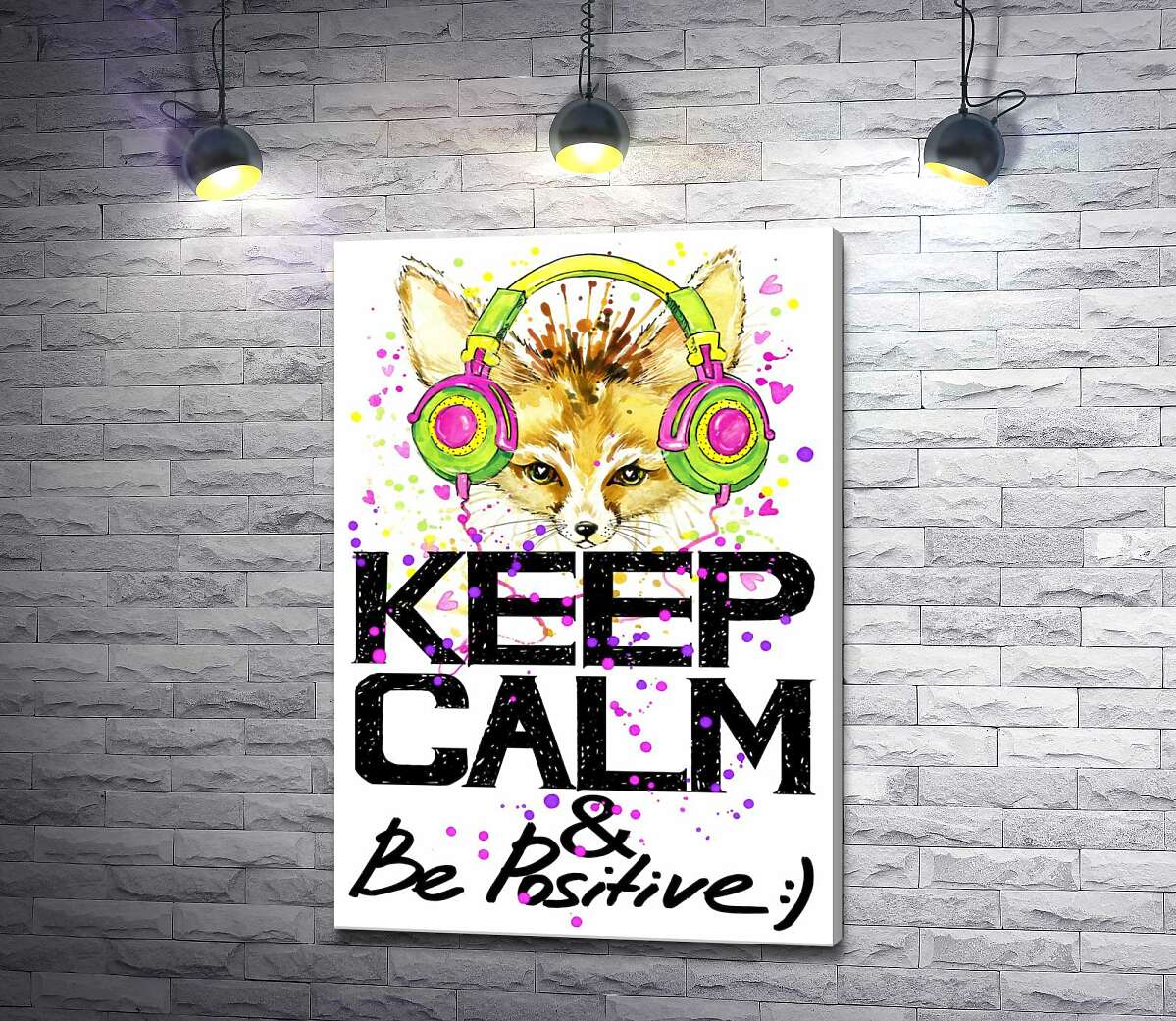 картина Лиса фенек в ярких наушниках над надписью "keep calm and be positive"