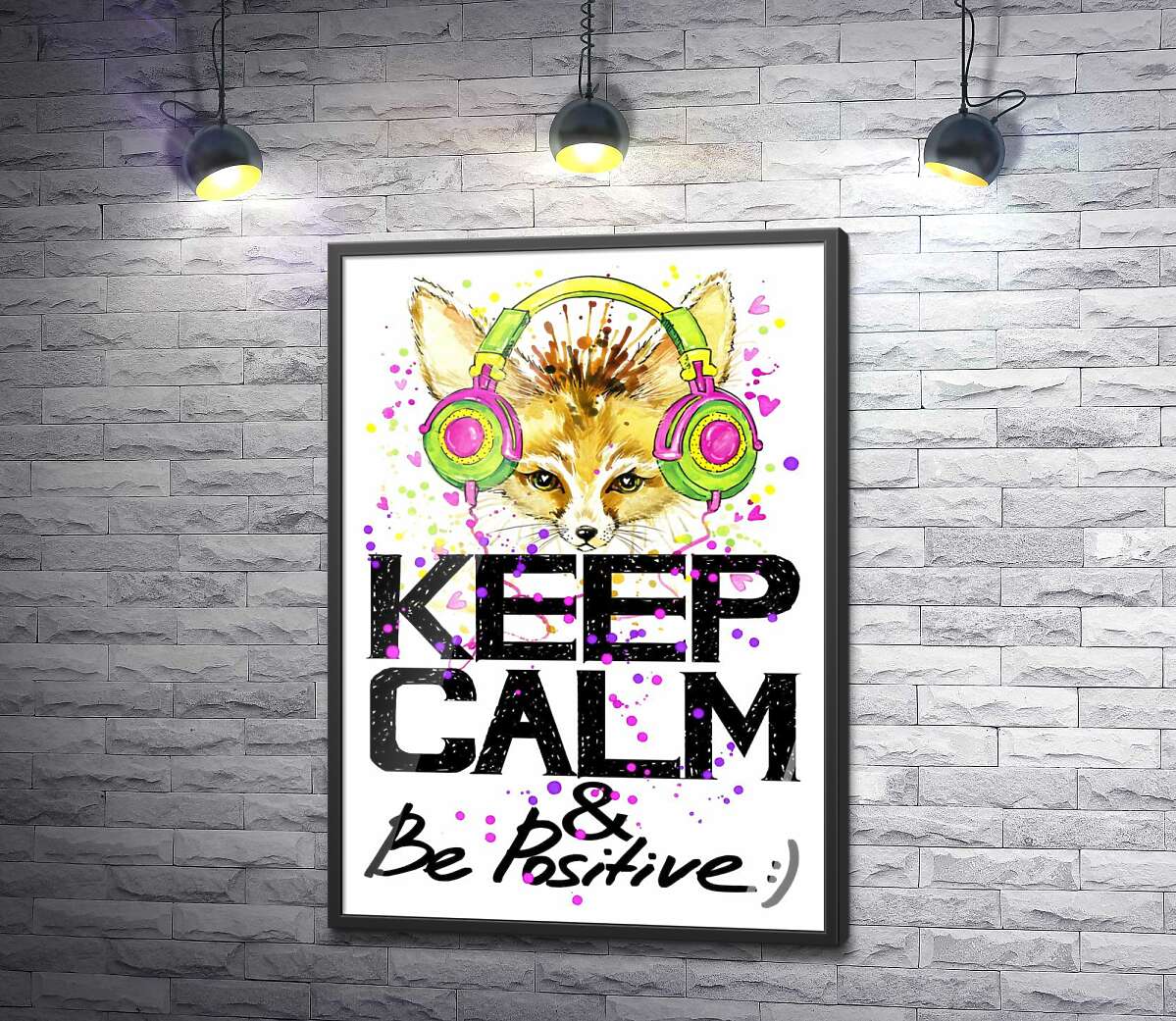 постер Лиса фенек в ярких наушниках над надписью "keep calm and be positive"
