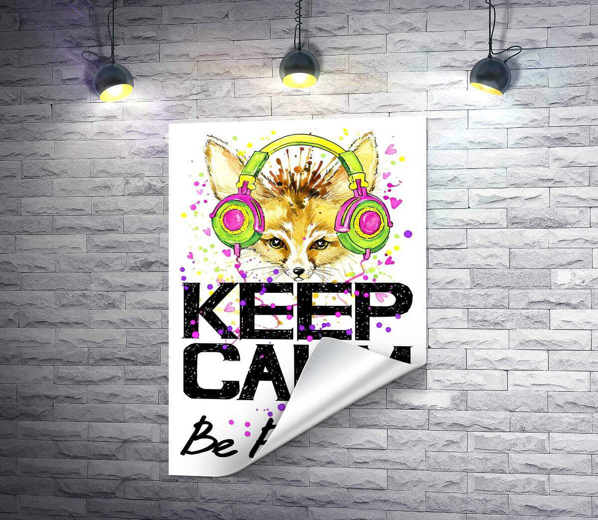 печать Лиса фенек в ярких наушниках над надписью "keep calm and be positive"