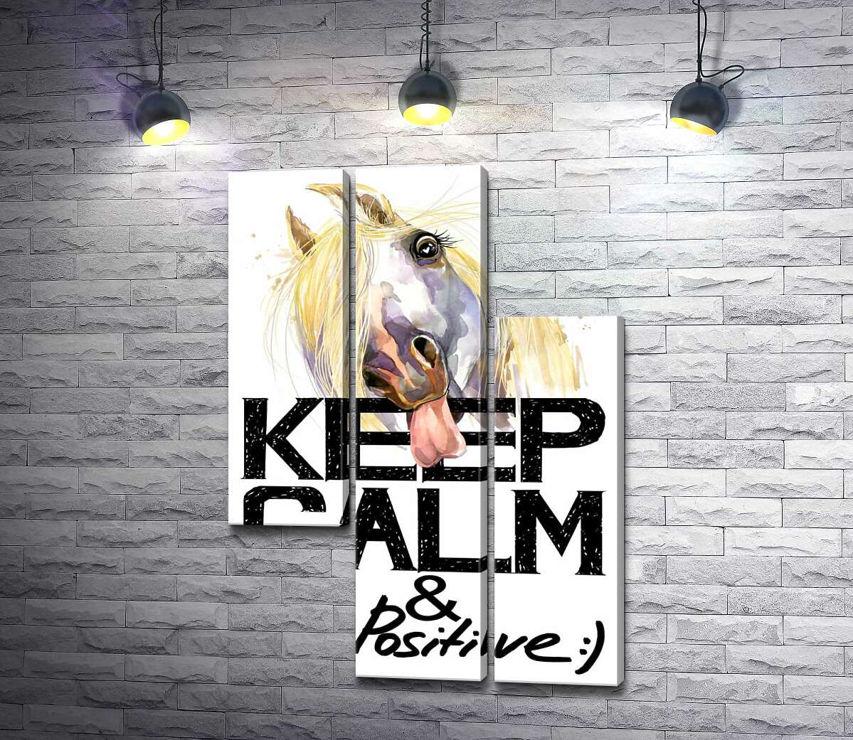 модульная картина Белый конь показывает язык над надписью "keep calm and be positive" (Модуль №13)