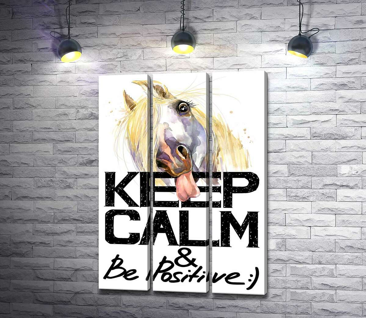модульна картина Білий кінь показує язик над написом "keep calm and be positive"
