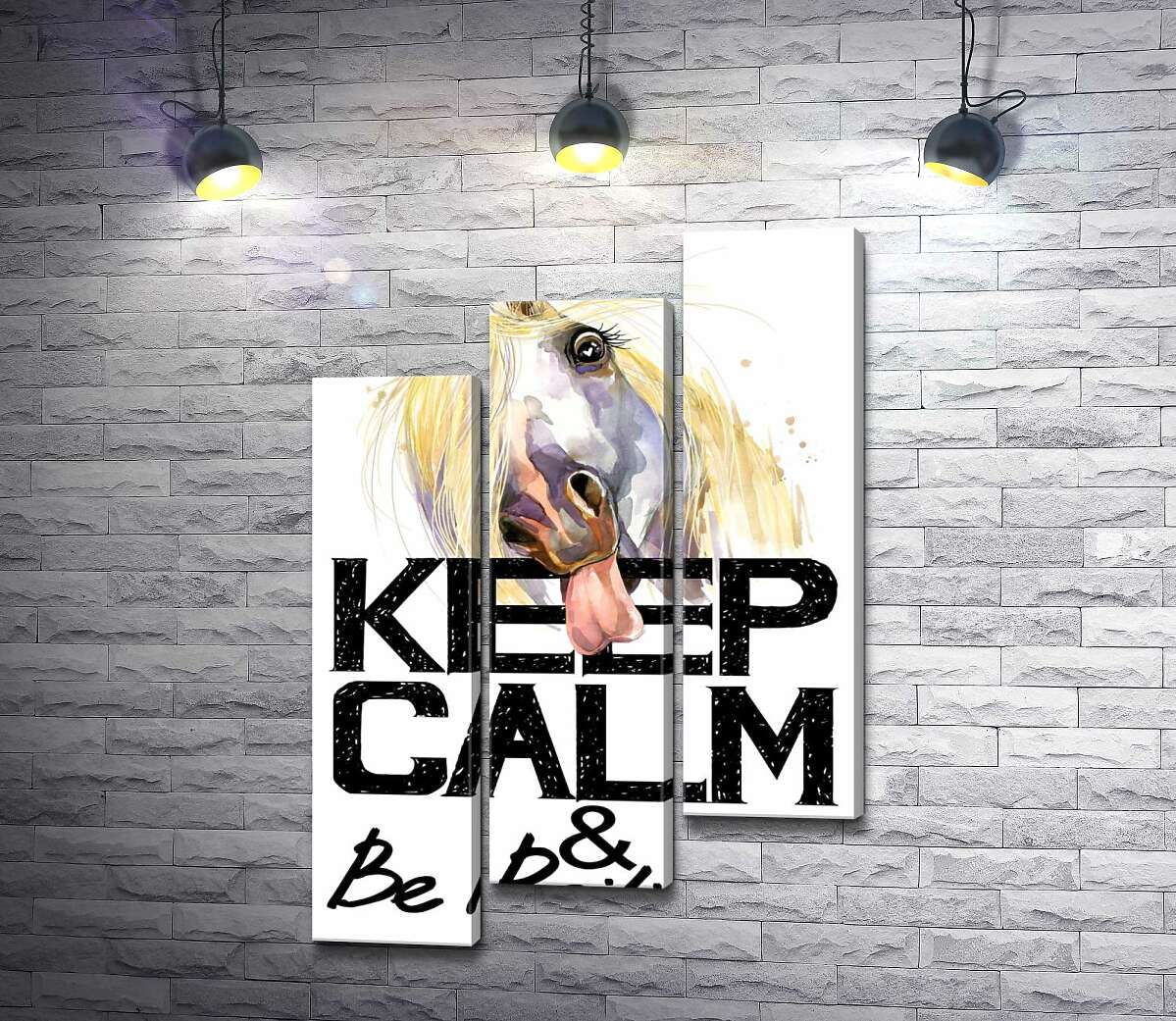 модульная картина Белый конь показывает язык над надписью "keep calm and be positive" (Модуль №14)