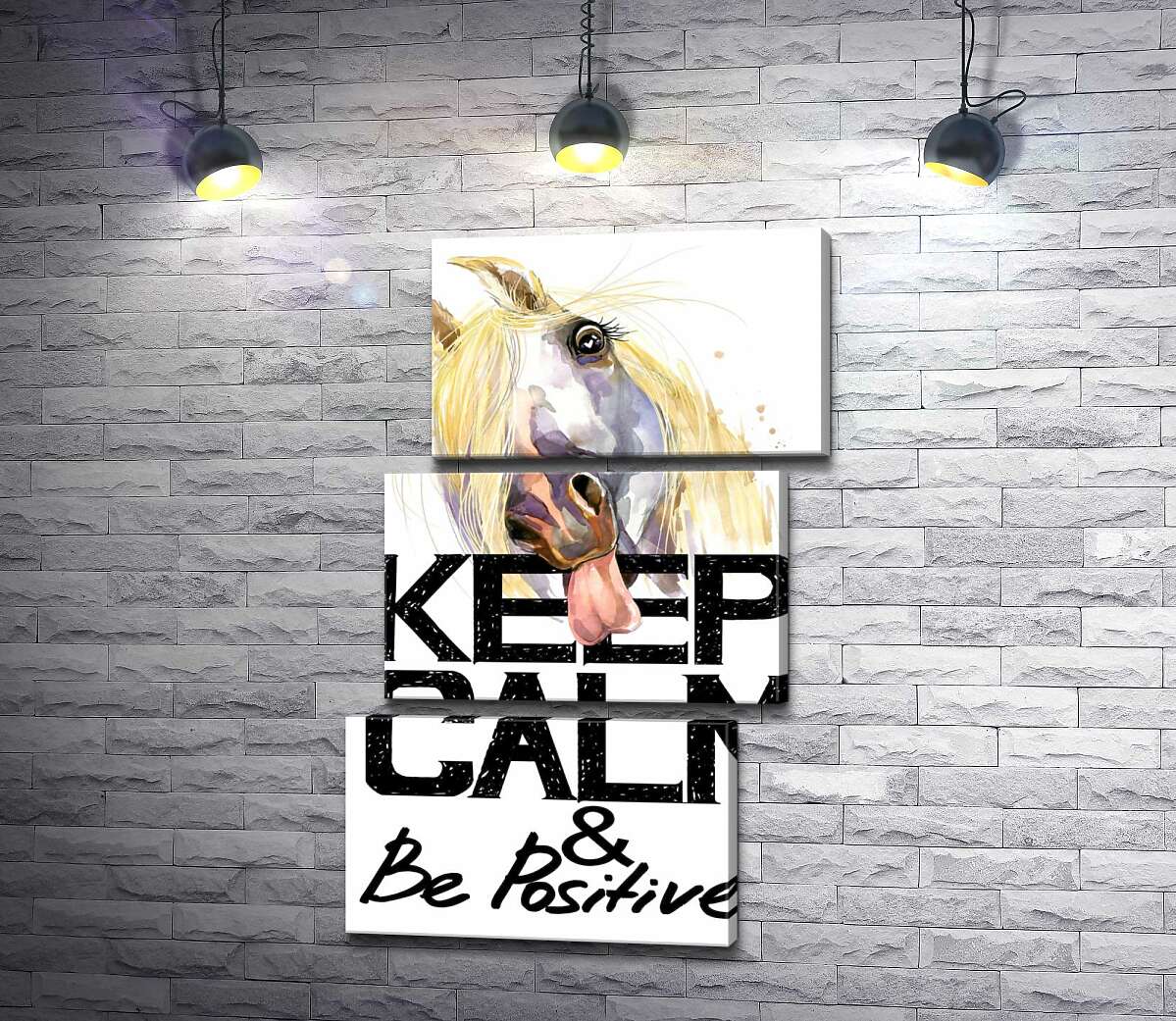 модульна картина Білий кінь показує язик над написом "keep calm and be positive" (Модуль №17)