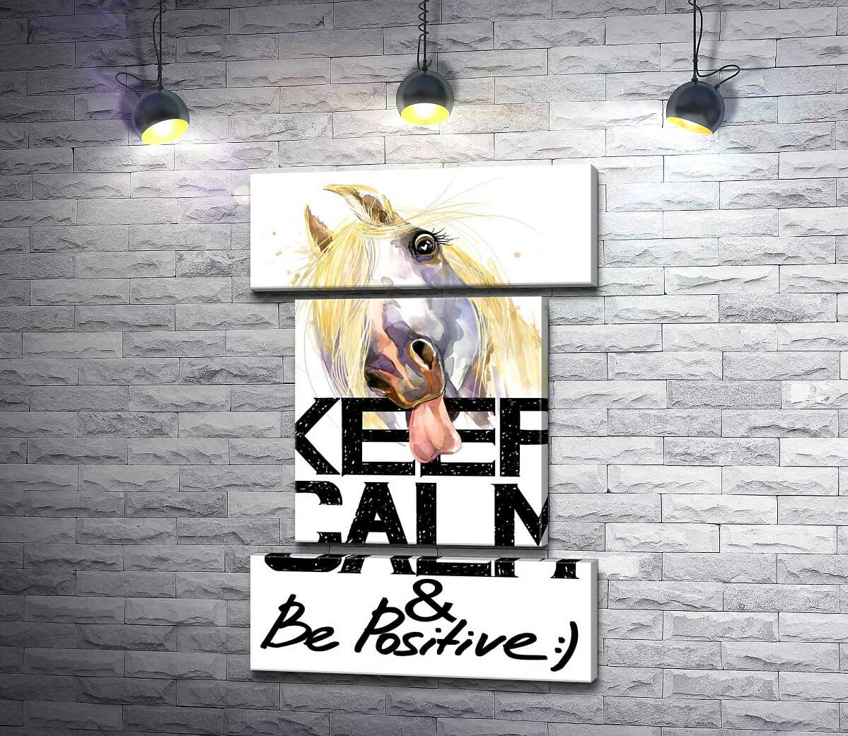 модульна картина Білий кінь показує язик над написом "keep calm and be positive" (Модуль №18)