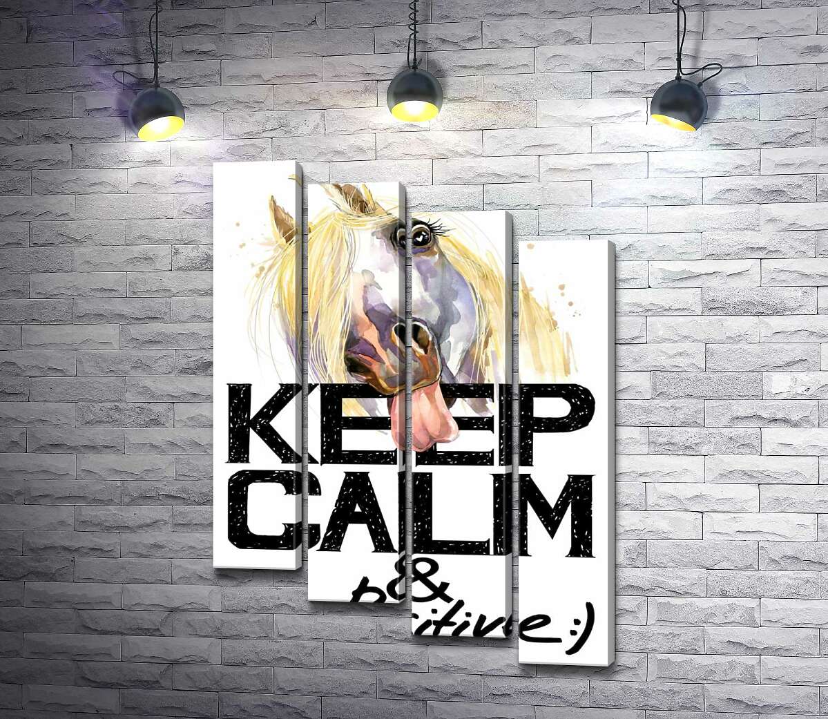 модульная картина Белый конь показывает язык над надписью "keep calm and be positive" (Модуль №19)
