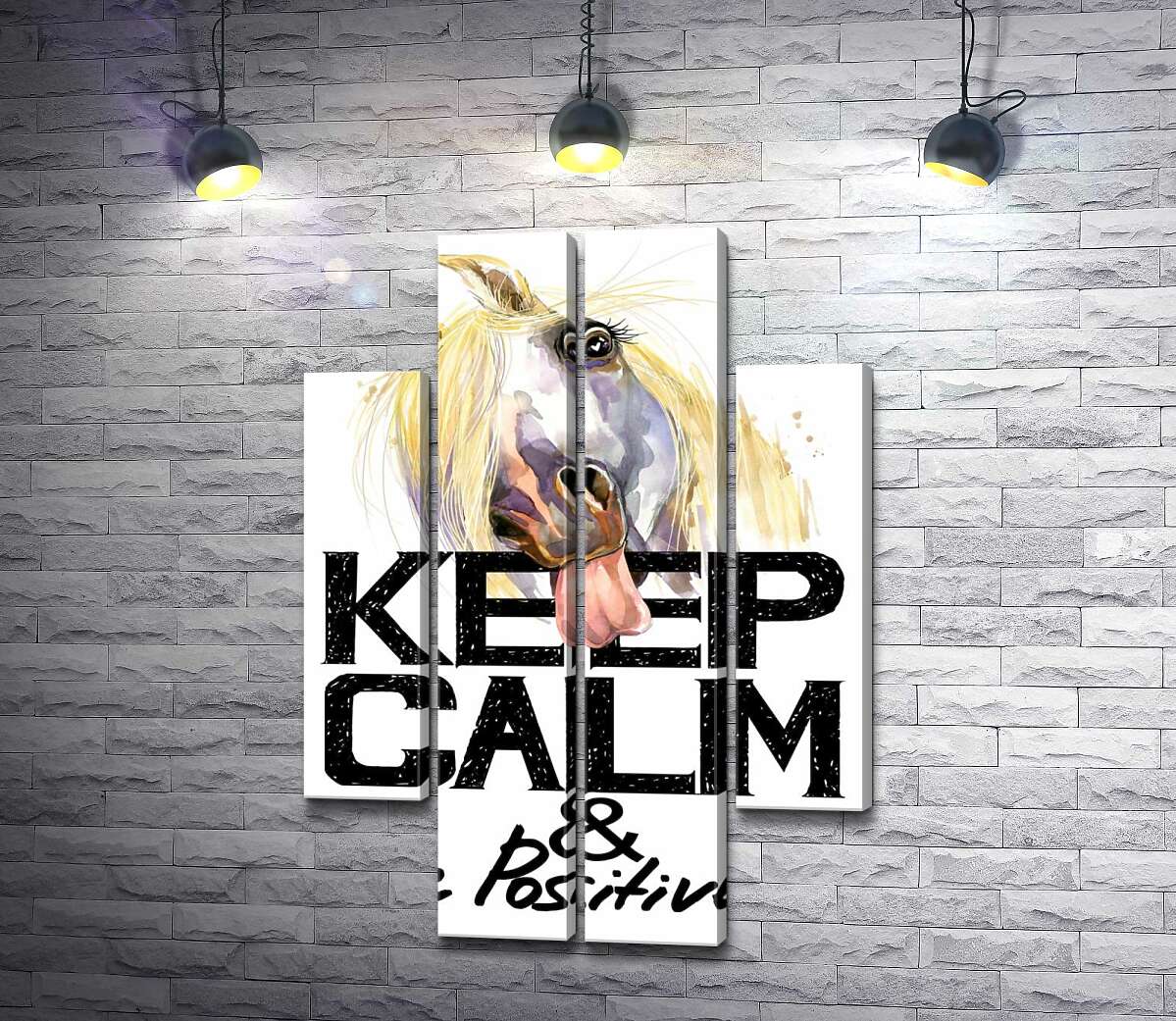 модульна картина Білий кінь показує язик над написом "keep calm and be positive" (Модуль №20)