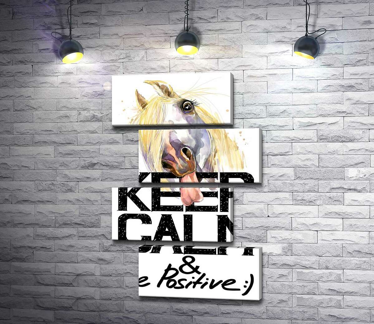 модульна картина Білий кінь показує язик над написом "keep calm and be positive" (Модуль №23)