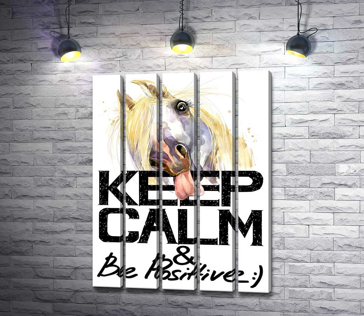 модульна картина Білий кінь показує язик над написом "keep calm and be positive" (Модуль №26)