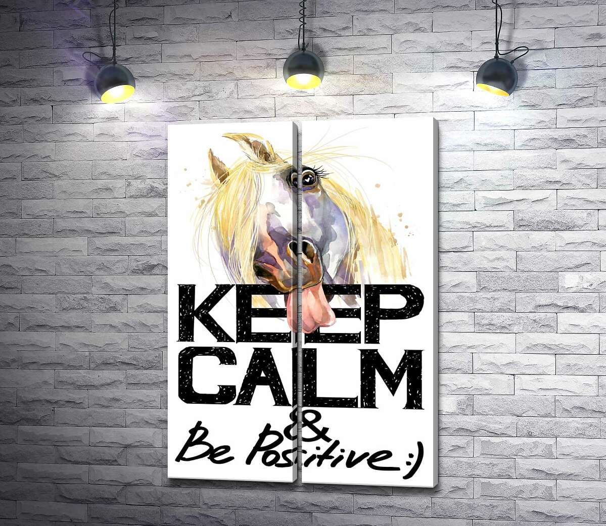 модульная картина Белый конь показывает язык над надписью "keep calm and be positive"