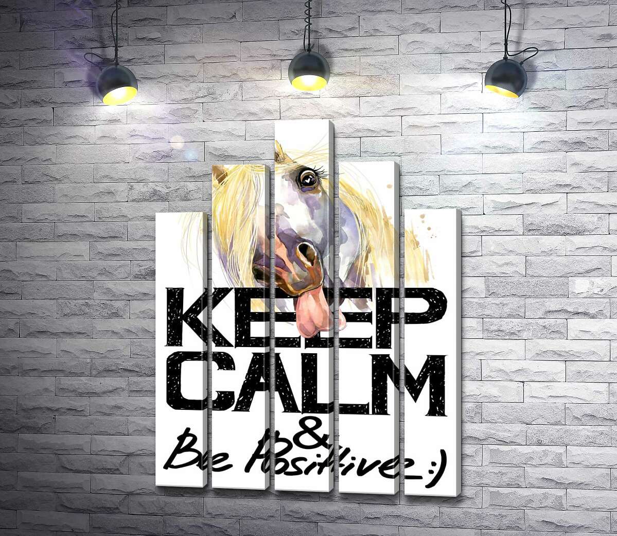 модульна картина Білий кінь показує язик над написом "keep calm and be positive" (Модуль №29)