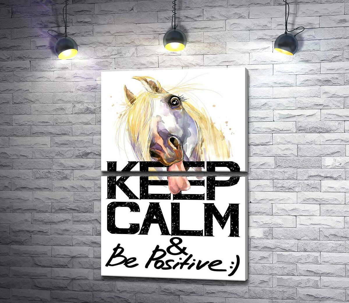 модульна картина Білий кінь показує язик над написом "keep calm and be positive" (Модуль №7)