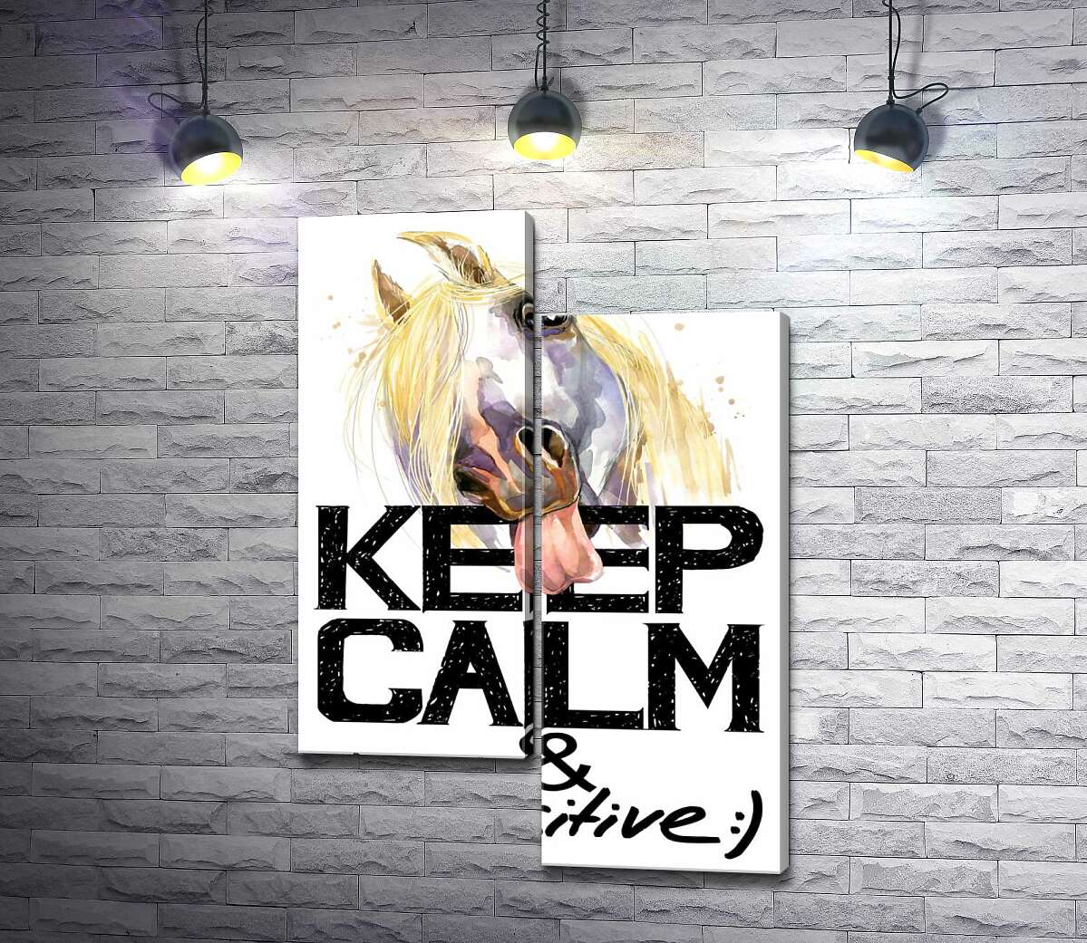 модульна картина Білий кінь показує язик над написом "keep calm and be positive" (Модуль №9)