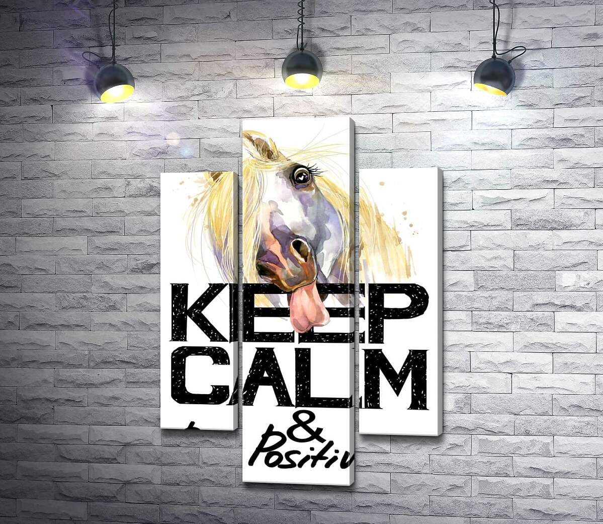 модульная картина Белый конь показывает язык над надписью "keep calm and be positive" (Модуль №10)