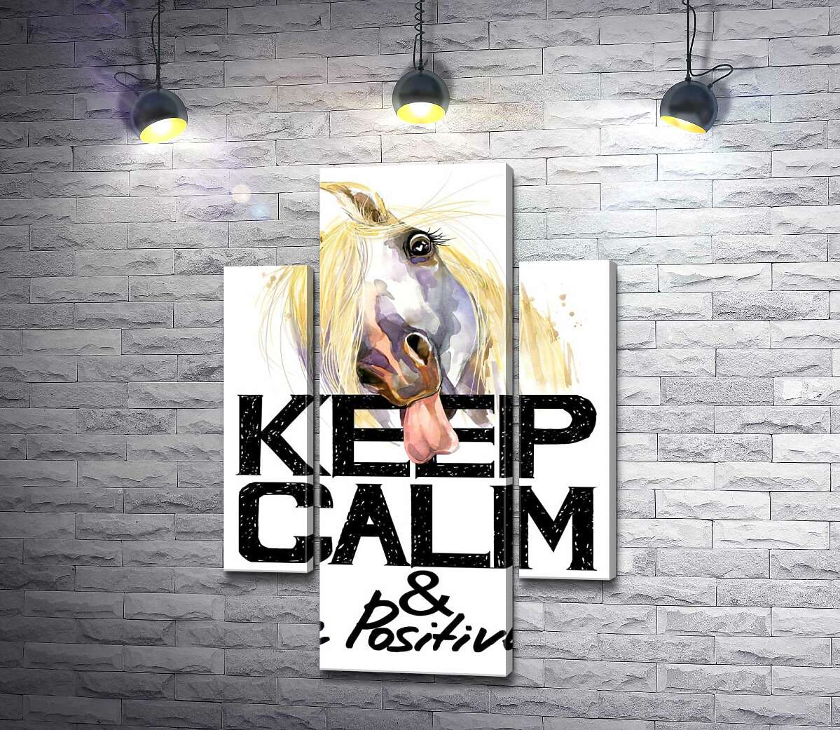 модульная картина Белый конь показывает язык над надписью "keep calm and be positive" (Модуль №5)
