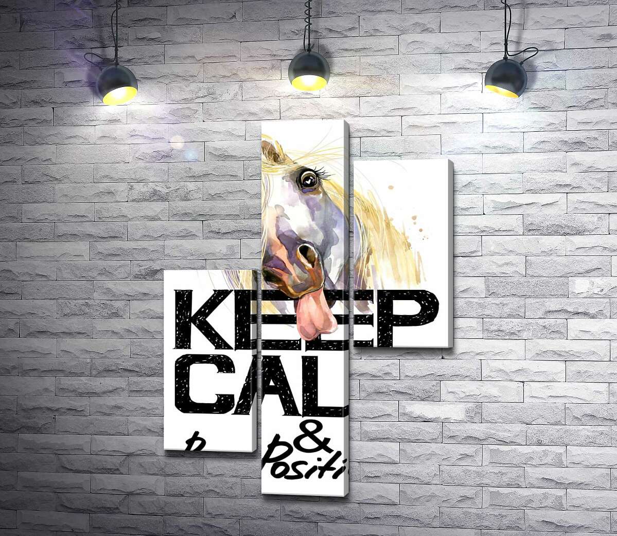 модульная картина Белый конь показывает язык над надписью "keep calm and be positive" (Модуль №12)