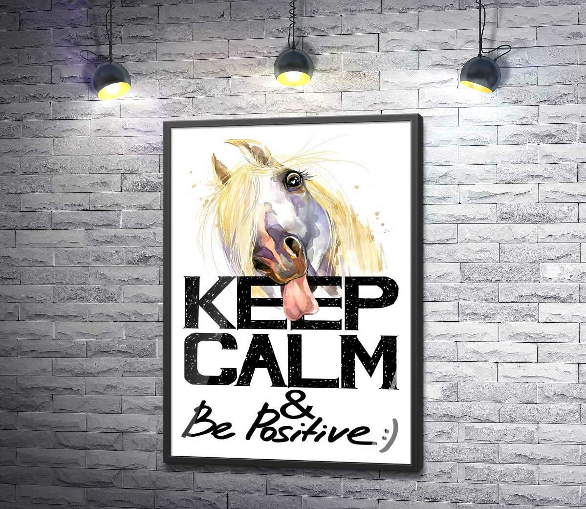 постер Білий кінь показує язик над написом "keep calm and be positive"