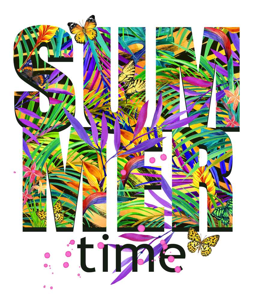 картина-постер Яркие цвета тропических джунглей в надписи "summertime"