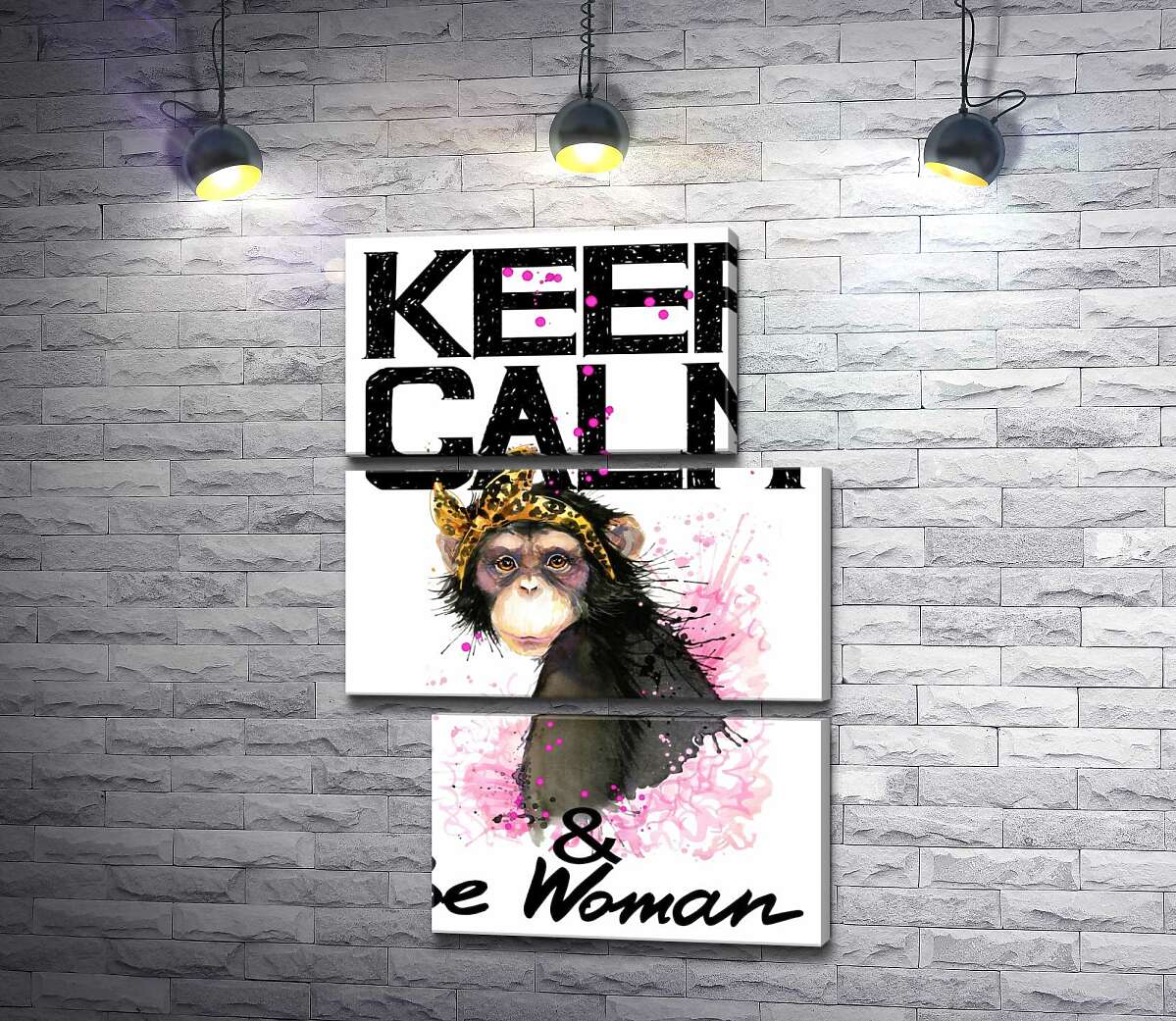 модульная картина Гламурная обезьяна среди надписи "keep calm and be woman" (Модуль №16)