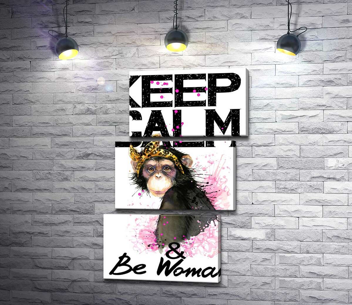 модульная картина Гламурная обезьяна среди надписи "keep calm and be woman" (Модуль №17)