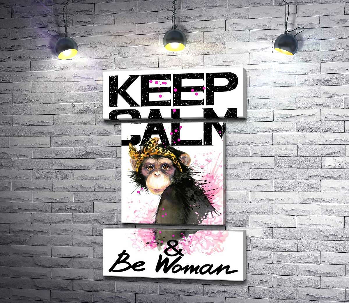 модульна картина Гламурна мавпа серед напису "keep calm and be woman" (Модуль №18)