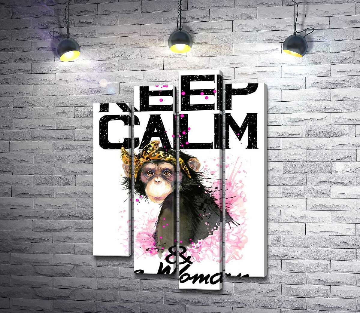 модульная картина Гламурная обезьяна среди надписи "keep calm and be woman" (Модуль №3)