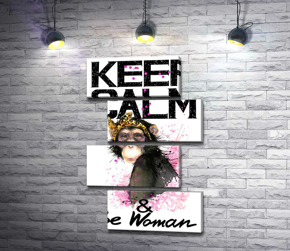 модульная картина Гламурная обезьяна среди надписи "keep calm and be woman" (Модуль №23)