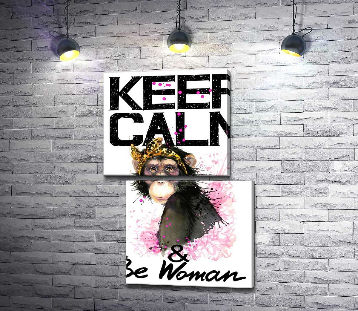 модульная картина Гламурная обезьяна среди надписи "keep calm and be woman" (Модуль №8)