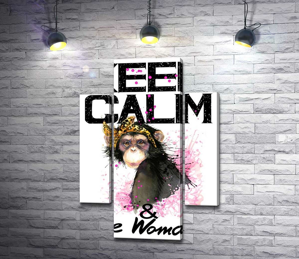 модульная картина Гламурная обезьяна среди надписи "keep calm and be woman" (Модуль №5)