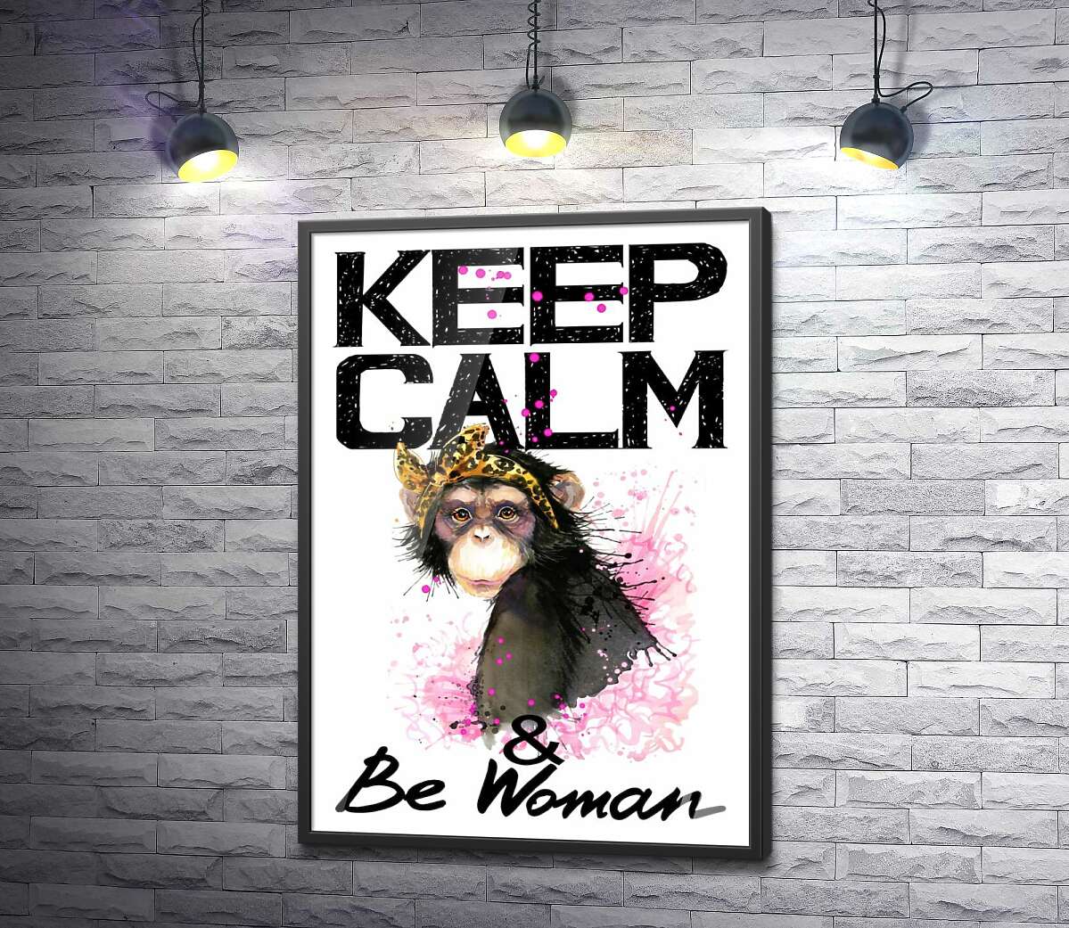 постер Гламурная обезьяна среди надписи "keep calm and be woman"