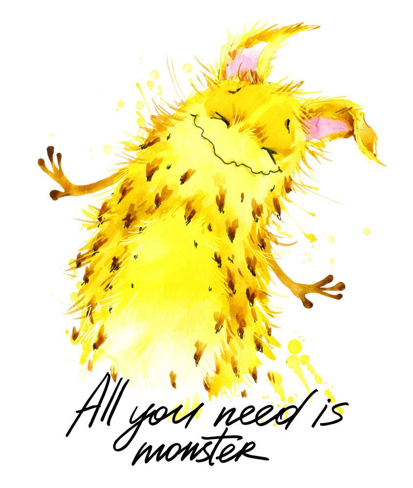картина-постер Веселый желтый монстр с надписью "all you need is monster"