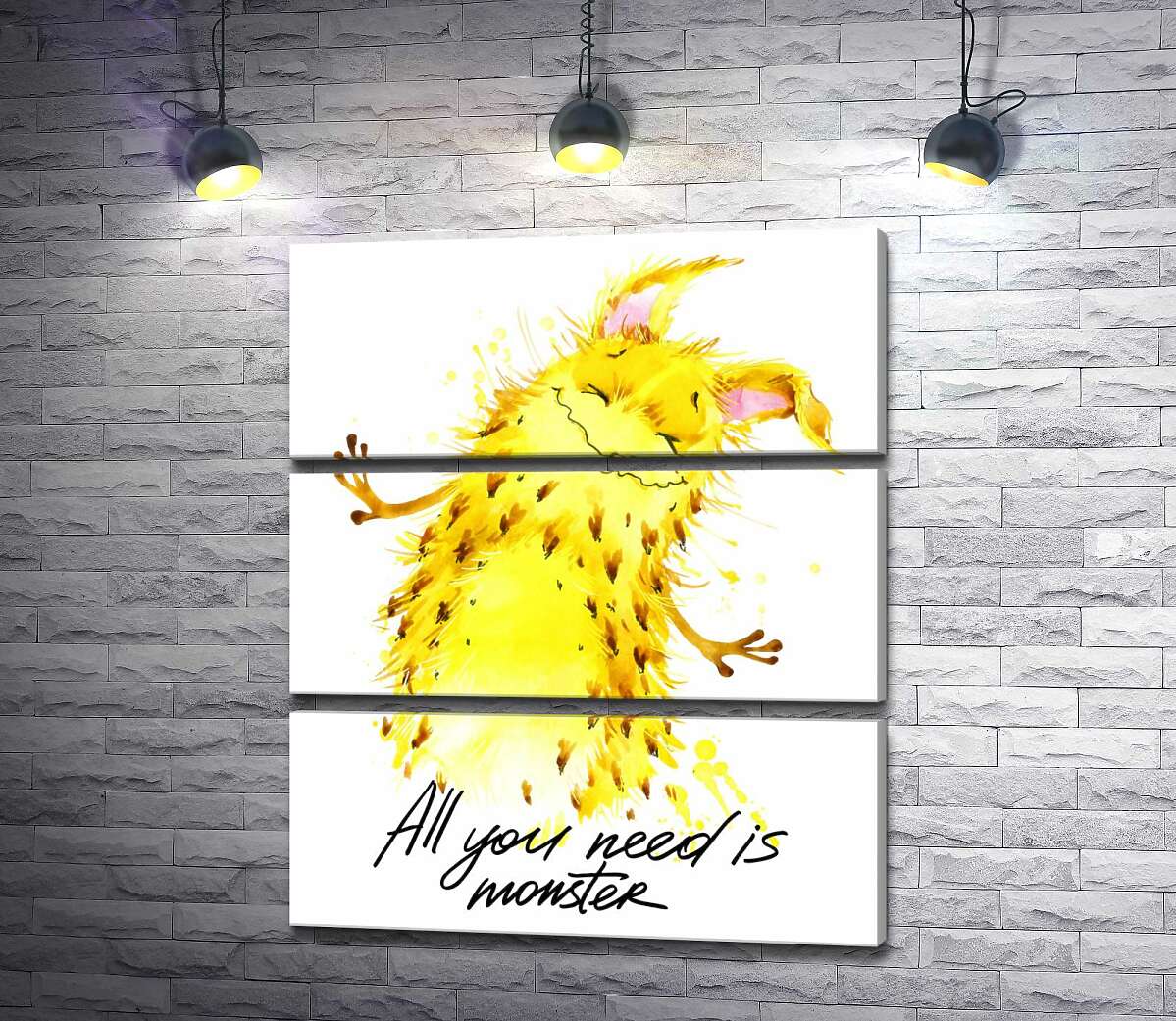 модульная картина Веселый желтый монстр с надписью "all you need is monster" (Модуль №15)