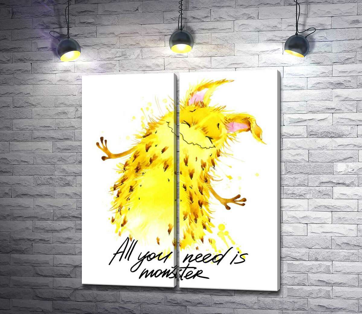 модульная картина Веселый желтый монстр с надписью "all you need is monster"