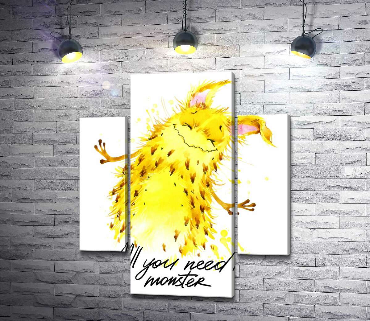 модульна картина Веселий жовтий монстр з написом "all you need is monster" (Модуль №5)