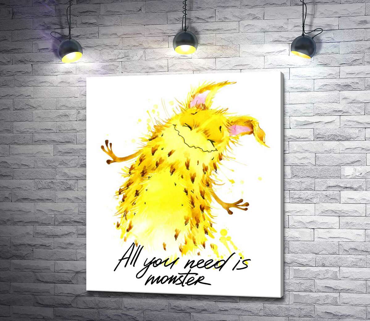 картина Веселый желтый монстр с надписью "all you need is monster"