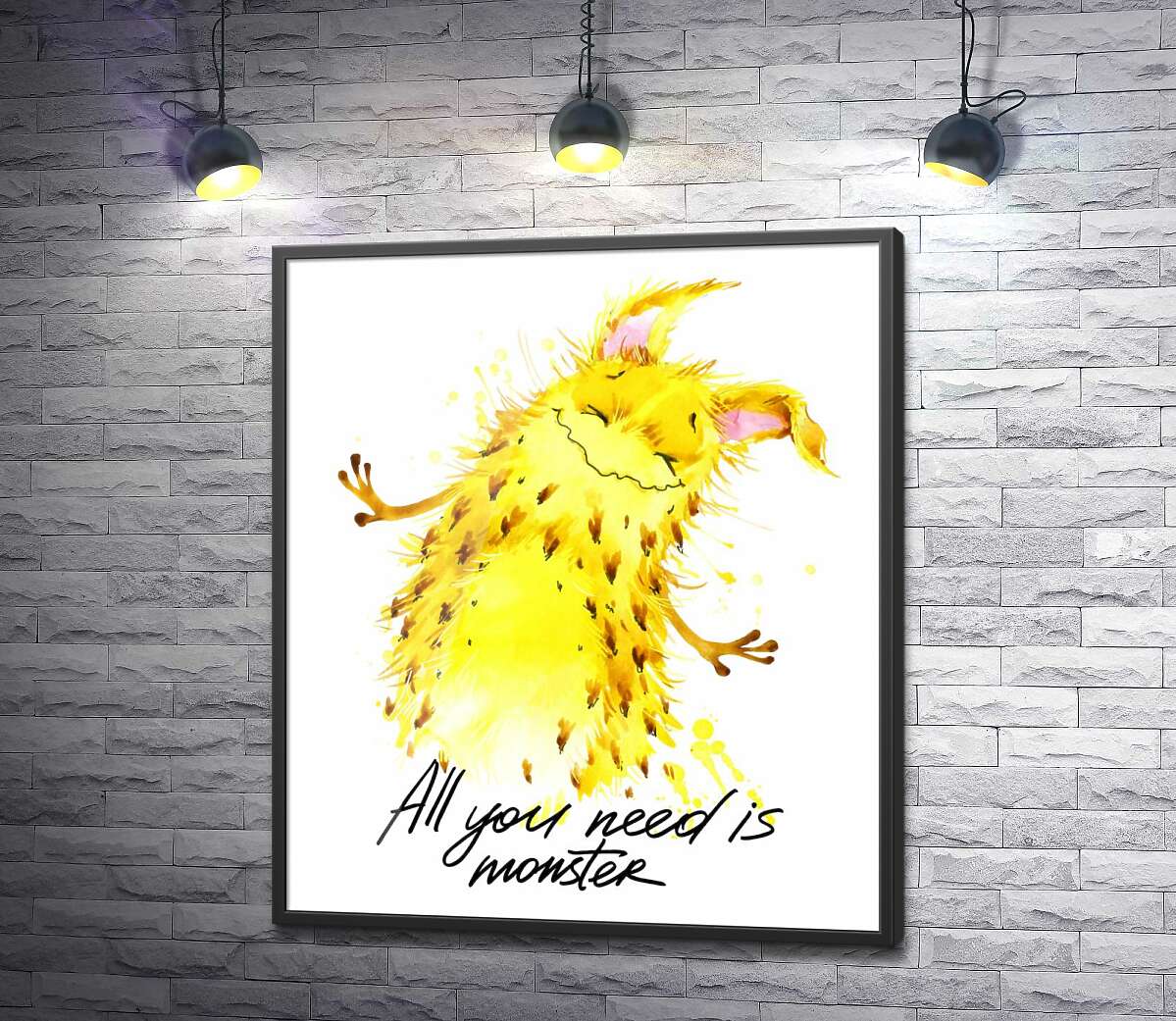 постер Веселий жовтий монстр з написом "all you need is monster"