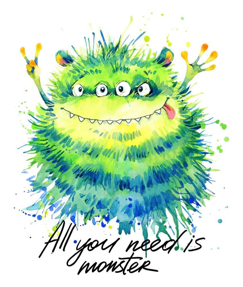 картина-постер Зеленый четырехглазый монстр с надписью "all you need is monster"