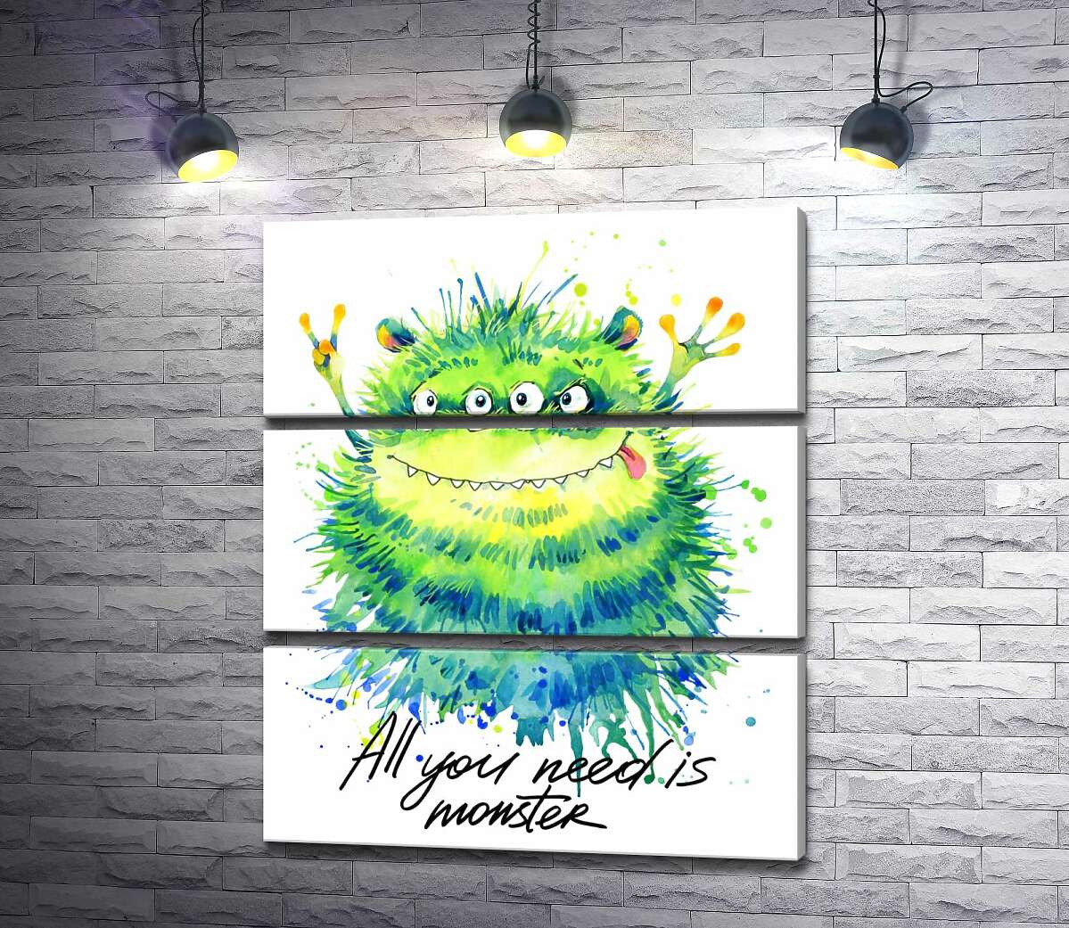 модульная картина Зеленый четырехглазый монстр с надписью "all you need is monster" (Модуль №15)