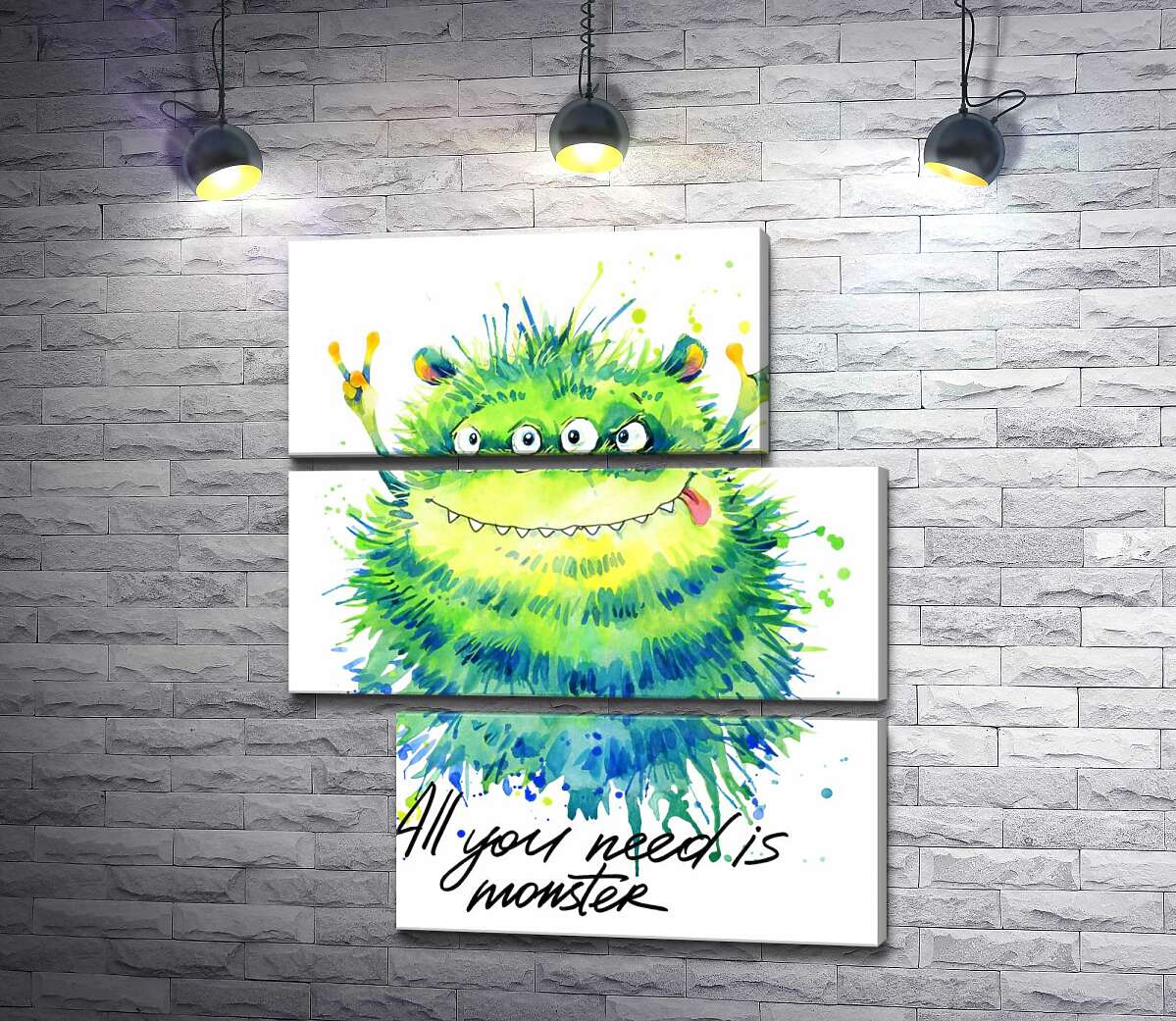 модульная картина Зеленый четырехглазый монстр с надписью "all you need is monster" (Модуль №16)
