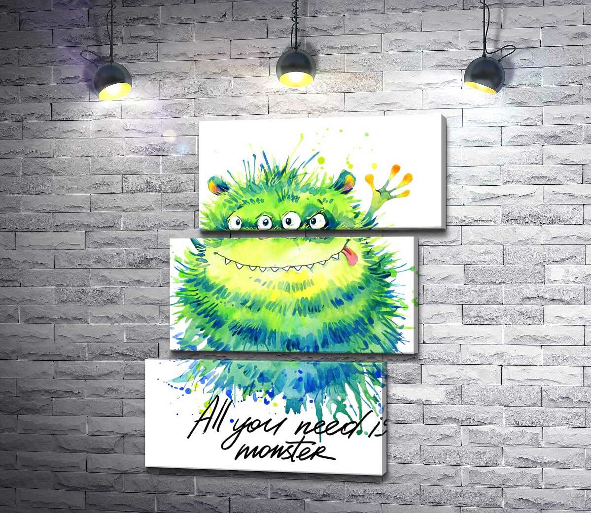 модульная картина Зеленый четырехглазый монстр с надписью "all you need is monster" (Модуль №17)