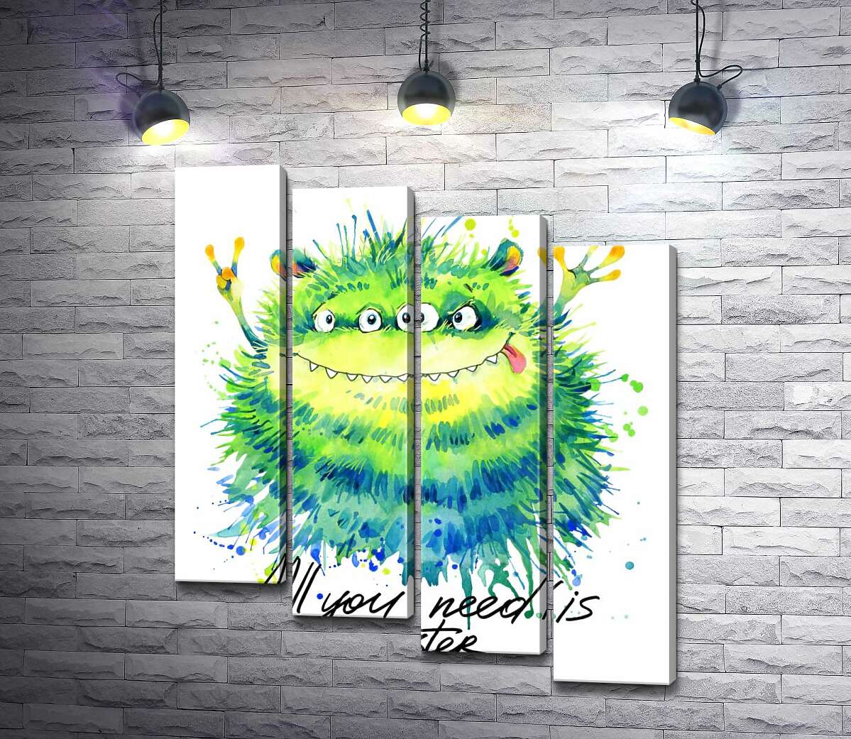 модульна картина Зелений чотириокий монстр з написом "all you need is monster" (Модуль №19)