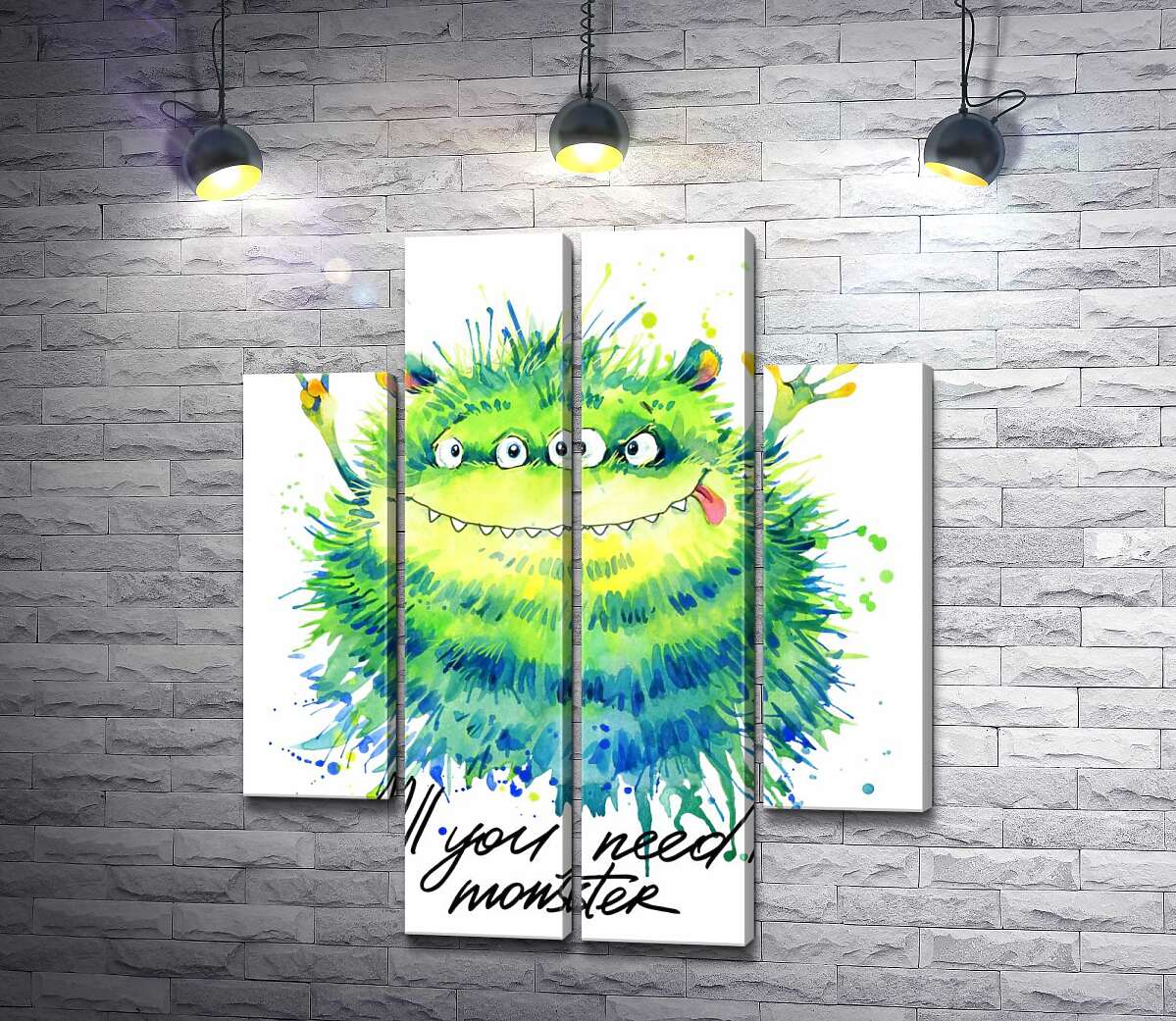 модульная картина Зеленый четырехглазый монстр с надписью "all you need is monster" (Модуль №20)
