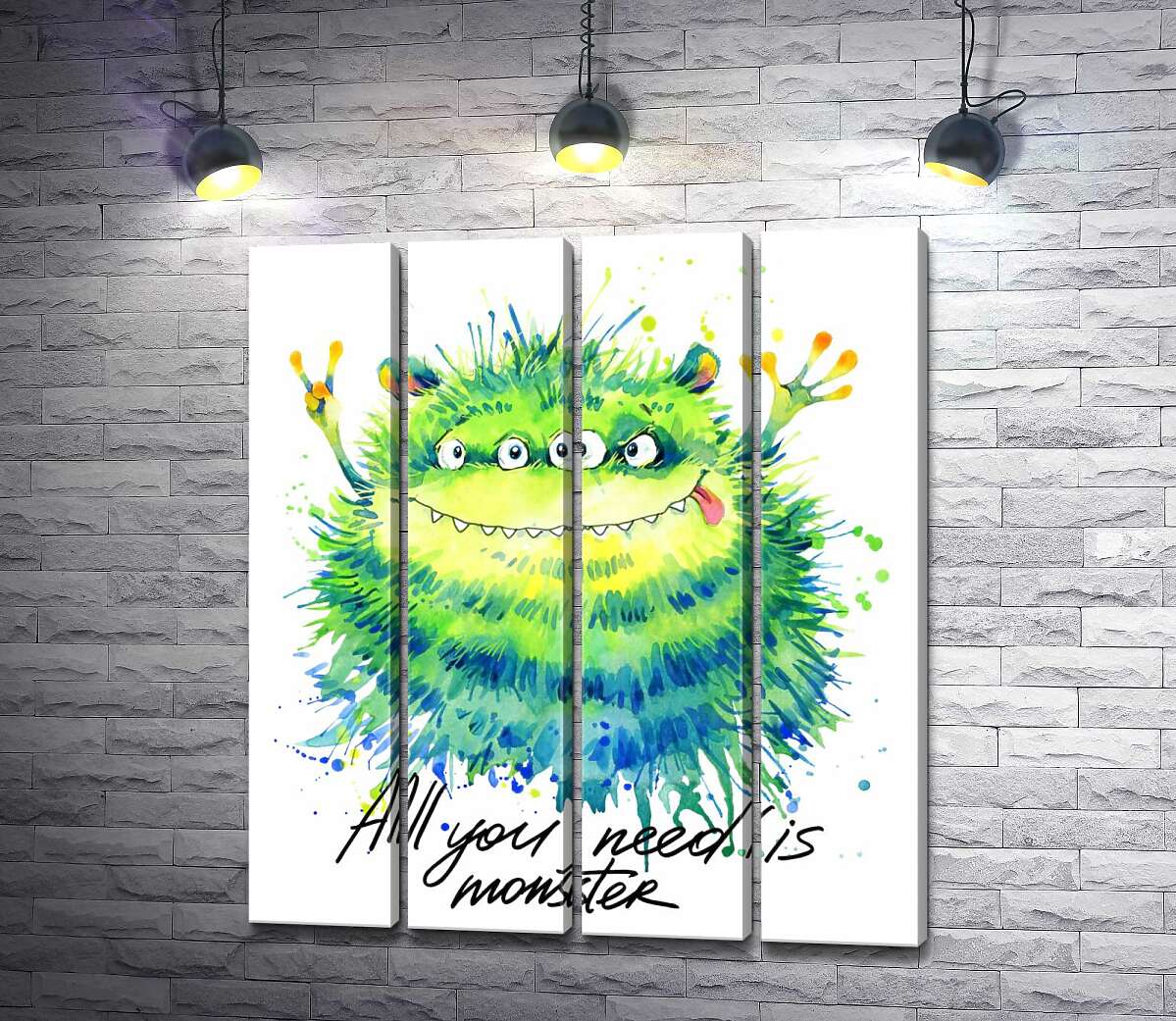 модульна картина Зелений чотириокий монстр з написом "all you need is monster" (Модуль №24)